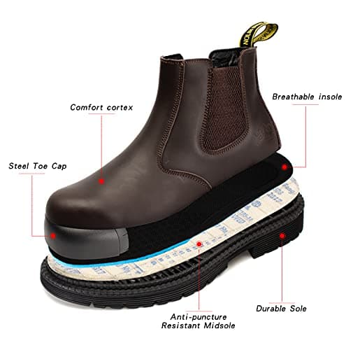 NOLINSHIELD Men's Steel Toe Work Boots, Slip On Chelsea Water Repellent Safety Shoes, Puncture Proof Non Slip Lightweight Industrial Shoes with Memory Foam Insole for Construction Warehouse,brown,7