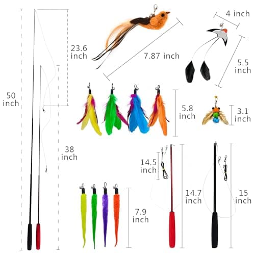 miwoowim Interactive Cat Wand Toy Set – 2 Retractable Wands (37" & 49") with 11 Refills Attachments – Feather Toys, Plush Bird, Worms, Insect & Swallow – Cat Teaser Toys for Indoor Cats & Kittens