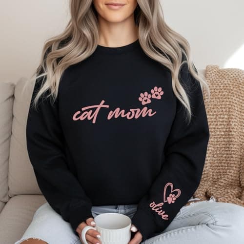 Custom Dog Mom Shirt with Pet Name on Sleeve, Personalized Cat Dad Sweatshirt with Paws, Cat Mama Dog Dad Gifts for Mothers Day, Fathers Day, Birthday, Christmas, Pet Owners & Lovers