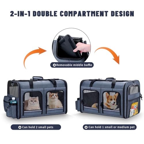 Groxkox Cat Carrier for 2 Cats, Foldable Double Cat and Dog Carrier, Small to Medium Size, 2 Front Zippered Compartments,Two Pets Carrier for Outdoor Travel,Mulitple Cat Carrier, Grey