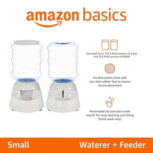 Amazon Basics Automatic Pet Water Dispenser and Gravity Food Feeder Set for Cat and Dog, Easy to Clean, 6-Pound Food Capacity, 1-Gallon, Small, Gray, Pack of 2