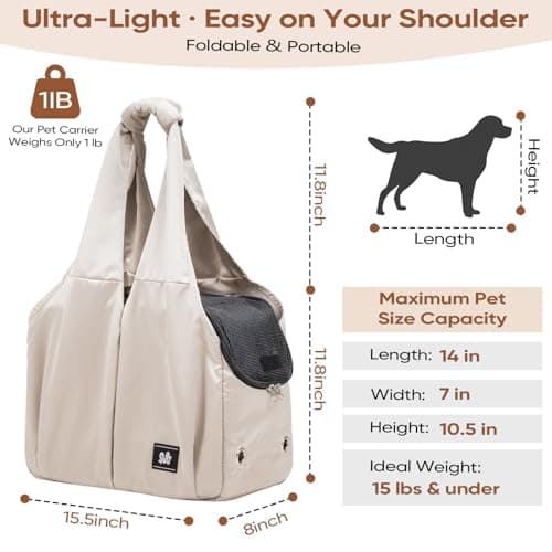 Dog Purse Carrier for Small Dogs, Cats, and Puppies – Soft-Sided Travel Pet Tote Bag with 4 Large Pockets, Foldable, Lightweight, Fits Pets up to 15 lbs, for Travel, Outings (Beige)