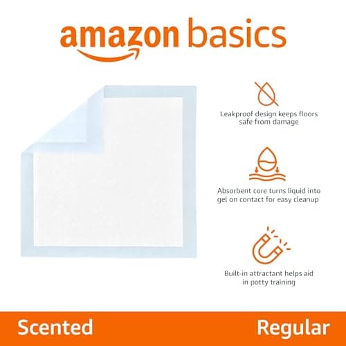 Amazon Basics Scented Dog and Puppy Potty Training Pee Pads, 5-Layer Leak-Proof Super Absorbent with Quick-Dry Surface, Regular Size 22 x 22 Inch, Blue, 150 Count