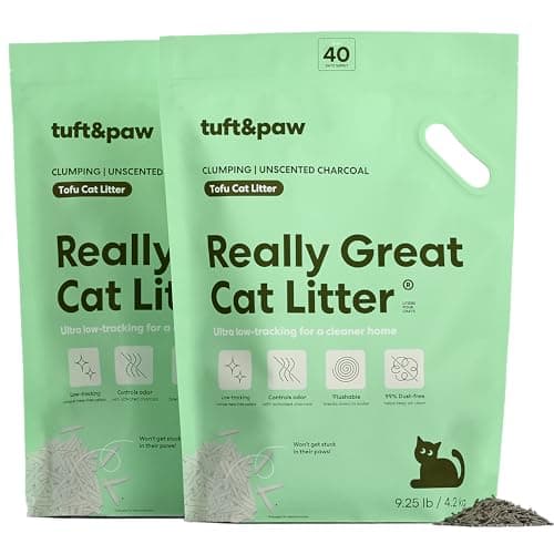 Tuft & Paw Really Great Cat Litter, Ultra Low Tracking Tofu Cat Litter, Clumping, Flushable, Odor Control, Dust-Free, Unscented - 9.25lbs x 2Bags (Charcoal)
