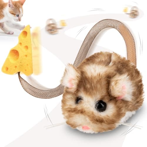 Migipaws Interactive MigiMouse Cat Toy 360° Rolling & Spin with Mesh Plastic Tail for Indoor Cats Smart Motion Sensor, Realistic Squeak, Rechargeable Plush Kitten Toy(Brown Long)