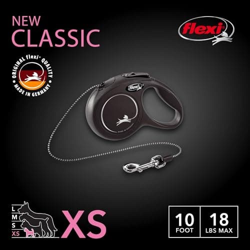 FLEXI® Classic XS Cord Retractable Dog Leash (Black)-10 ft for Extra Small, Tiny Dogs up to 18 lbs| Ultra Compact Pocket-Size, 3-Finger Grip, German Quality| Tangle-Free, One-Hand Brake, Pause & Lock