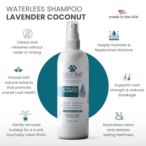 Lillian Ruff Waterless No-Rinse Dog Dry Shampoo Spray with Hydrating Essential Oils - pH-Balanced Dry Shampoo for Dogs - Clean, Condition, Detangle & Deodorize Dry, Sensitive Skin (Lavender Coconut)