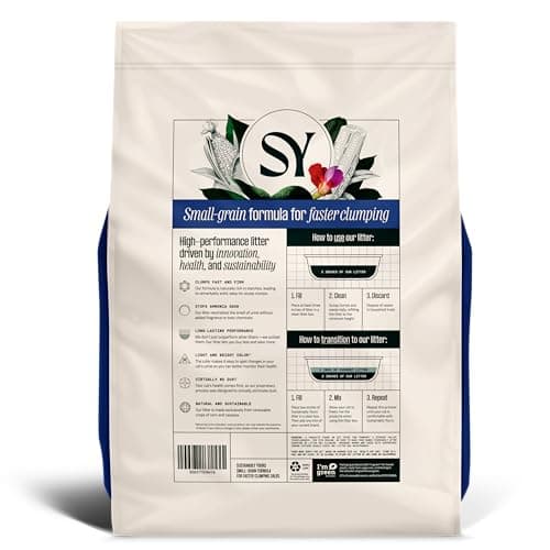 Sustainably Yours Natural Cat Litter, Small-Grain Formula, Exceptional Clumping & Odor Control, Virtually No Dust, Soft on Paws, Corn & Cassava Plant-Based, Unscented, 10 lbs