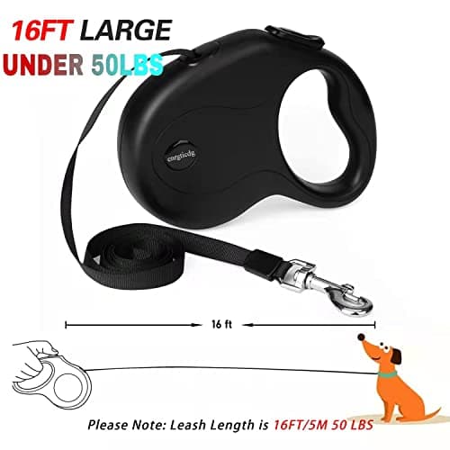 enrgticdg 16Ft Retractable Dog Leash,Light Weight Leash for Small to Medium Dogs/Cats Up to 50lbs,Stainless Steel Spring Strong Nylon Tape, Tangle Free, One-Handed Brake.(Black)