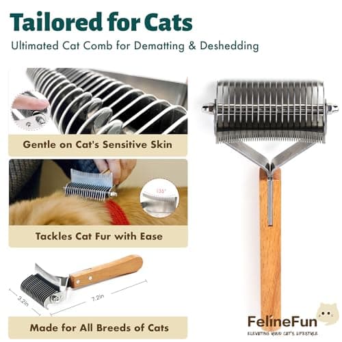 FelineFun Cat Brush for Dematting & Deshedding, 2 in 1 Undercoat Rake, Efficiently Remove Loose Hair & Matted Fur, Professional Shedding Comb for Indoor Cats & Long Haired Cats