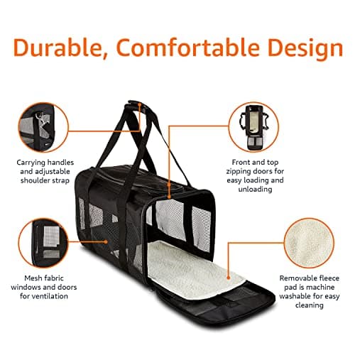 Amazon Basics Airline Approved Soft-Sided Mesh Pet Travel Carrier with Shoulder Strap, Removable Washable Fleece Pad, Top Opening, Ventilation for Dog, Cat, up to 22 pounds, 19.7Lx12Wx12H in., Black