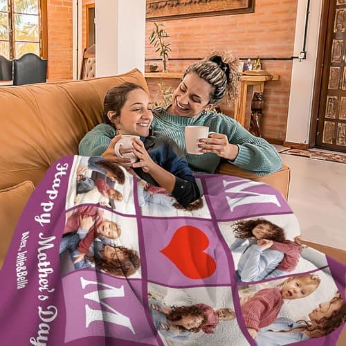 Yoke Style Ships Next Day, Mothers Day Blanket Gifts for Mom Custom Blanket with Photo Text, Customized Picture Blankets Personalized Flannel Throw Blanket for Women Wife Girlfriend