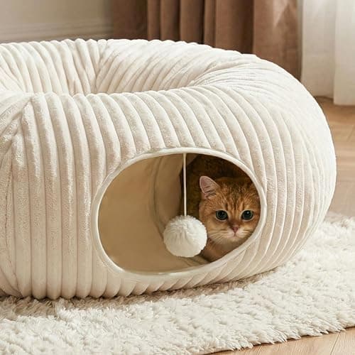 MOYMO Cat Tunnel Bed with 40 Pcs Interactive Cat Toys, Cat Tube with Kitten Toys for Indoor Kittens, Collapsible Play Tunnel, White