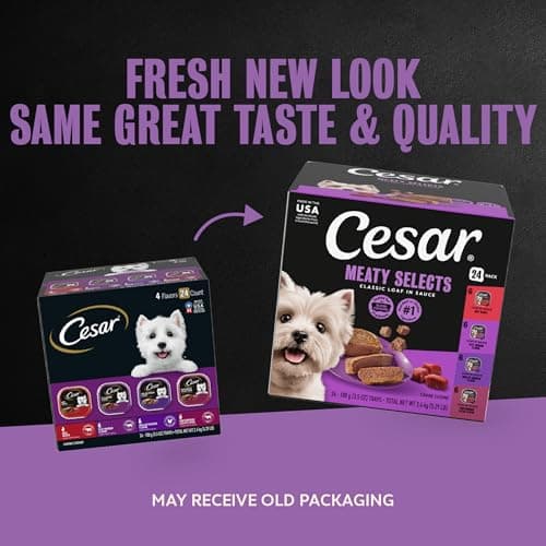 Cesar Classic Loaf in Sauce Wet Dog Food, Beef Recipe, Filet Mignon Flavor, Grilled Chicken Flavor, and Porterhouse Steak Flavor, 3.5 oz. Easy Peel Trays, Variety Pack (24 Count, Pack of 1)