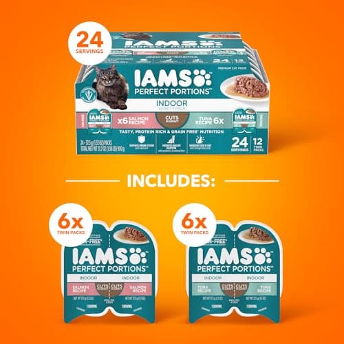 IAMS Perfect Portions Grain Free Wet Cat Food, Indoor Adult Cat Food Wet Cuts in Gravy, Variety Pack: Tuna & Salmon Recipe, 1.98 lb. (Pack of 1) Twin-Pack Trays
