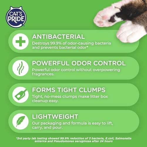 Cat's Pride NEW Antibacterial Cat Litter: Destroys 99.9% of Odor-Causing Bacteria - Powerful Odor Control - Premium Lightweight Clumping Litter - Scented, 12 Pounds