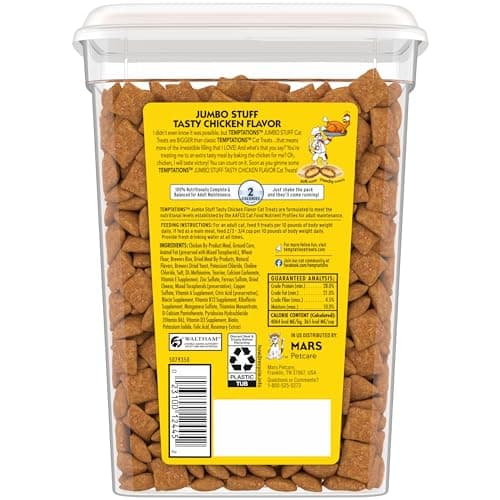 Temptations Jumbo Stuffed Cat Treats, Crunchy and Soft Cat Treats, Tasty Chicken Flavor, 14 oz. Tub