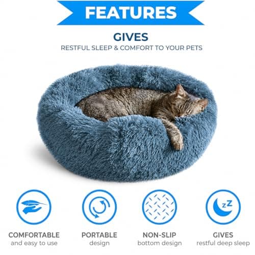 Whiskers & Friends Cat Beds for Indoor Cats, Fluffy Calming Donut Cat Bed, Small Dog Bed Washable - Orthopedic Soft Plush Pet Beds Sized for Kitten to Large Cats & Puppy to Small Dogs - Navy Grey 20''