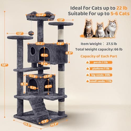 Yaheetech 54in Cat Tree, Multi-Level Cat Tower with Spacious Kitten-ear Perch, 2 Cozy Caves, Scratching Posts, Climbing Ladder, 2 Plush Balls, Durable Pet House Furniture for Indoor Kittens, Dark Gray