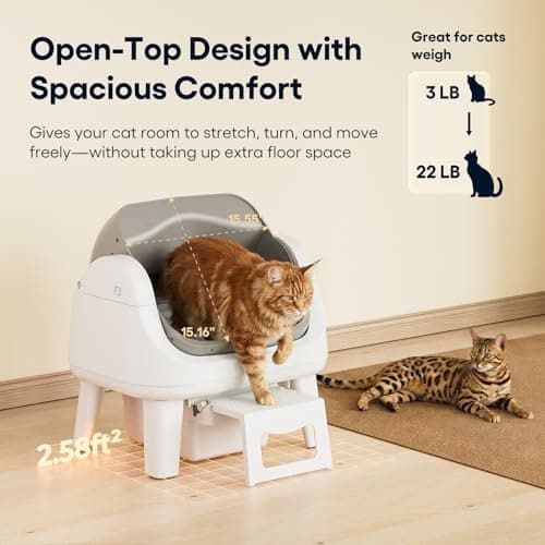 PetPivot Open Top Self Cleaning Cat Litter Box, Automatic Litter Box with 7 Pairs of Safety Sensors, Anti-Pinch Protection and Easy Access Step for Senior Cats, White Grey