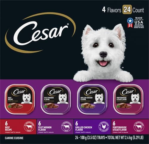 Cesar Classic Loaf in Sauce Wet Dog Food, Beef Recipe, Filet Mignon Flavor, Grilled Chicken Flavor, and Porterhouse Steak Flavor, 3.5 oz. Easy Peel Trays, Variety Pack (24 Count, Pack of 1)