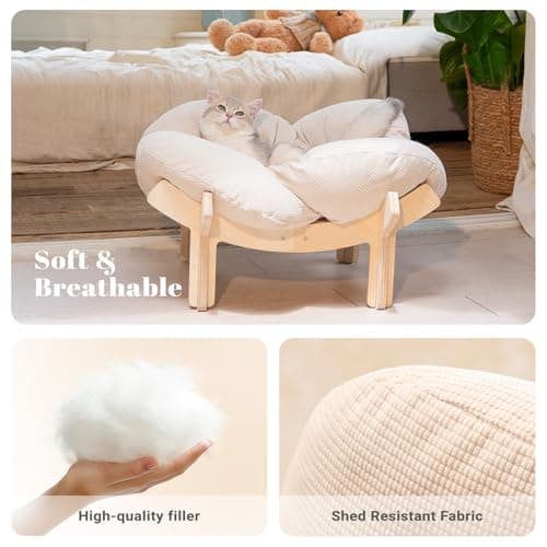 CHEERHOME PETS Elevated Cat Bed Wooden with Cushion Fluffy Pet Couch Sofa for Indoor Cats Raised Kitty Lounge Chair Suitable for Puppy, Cat Furniture(White)
