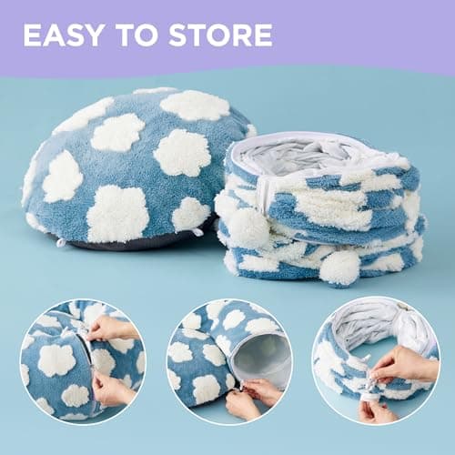 Lesure Cat Tunnel Bed for Indoor Cats - Cute Cat Donut Tunnel Toys for Small Large Cats with Washable Circle Cushion, Round Pet Peekaboo Cave Toy for Kitten/Puppy/Rabbit, Standard Cozy Clouds Blue