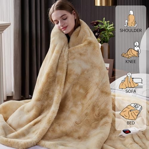 Guohaoi Heated Blanket Electric Throw, Soft Faux Rabbit Fur Electric Blanket with 10 Heating Levels 5 Sitting Timer Auto Off, Cozy Warm Heating Blankets, Machine Washable(50"×60" Beige)