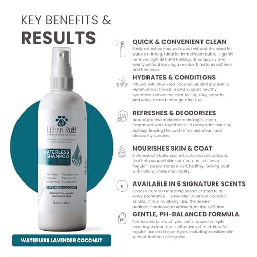 Lillian Ruff Waterless No-Rinse Dog Dry Shampoo Spray with Hydrating Essential Oils - pH-Balanced Dry Shampoo for Dogs - Clean, Condition, Detangle & Deodorize Dry, Sensitive Skin (Lavender Coconut)
