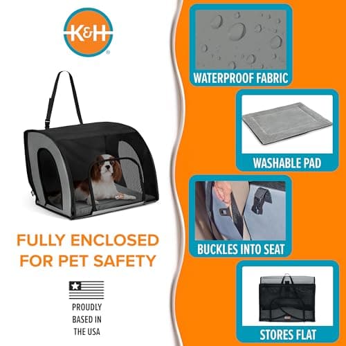 K&H Pet Products Enclosed Dog Car Seat, Travel Safety Carrier for Pets, Dog Travel Car Seat, Soft-Sided Covered Cat Carrier, Washable Pad, Multiple Entrances, Mesh Windows - Medium 24 X 19 X 17in
