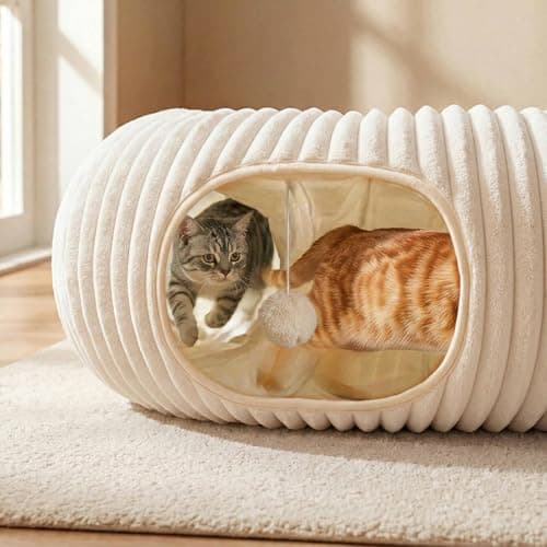 MOYMO Cat Tunnel Bed with 40 Pcs Interactive Cat Toys, Cat Tube with Kitten Toys for Indoor Kittens, Collapsible Play Tunnel, White