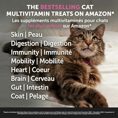 Cat Multivitamin Crunchy & Creamy Chews - Cat Treats for Health + Immune, Joint Support, Skin & Coat, & Digestion - Vitamins with Omega 3s, Lysine & Probiotics (30 Day Supply)