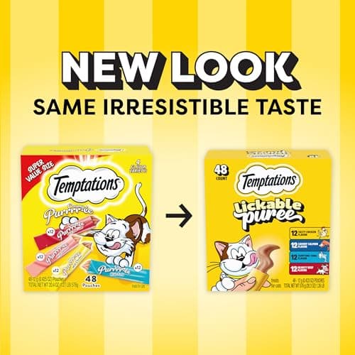 Temptations Creamy Puree Squeezable Lickable Cat Treats, Wet Cat Treats with Beef, Salmon, Chicken, and Tuna Variety Pack, 0.42 oz. Tubes, 48 Count