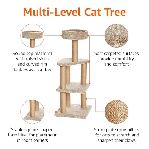 Amazon Basics Cat Tree Tower - Multi-Level Climbing Activity Center for Indoor Cats & Kittens with Scratching Posts, Platform, Jute Rope, Large (45.9"H), Beige