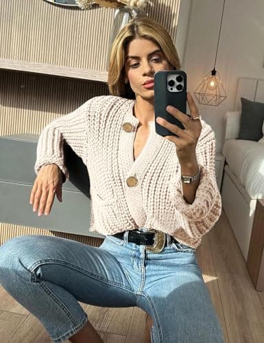Arssm Womens Cropped Cardigan Sweaters Chunky Open Front Button Down Knit Sweater Long Sleeve Loose Cardigan Outerwear(Beige-M)