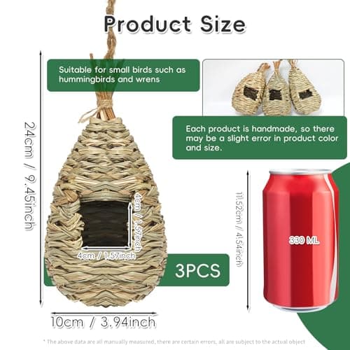 Gute Hummingbird Houses for Outside Hanging, Natural Grass Hanging Bird Hut, Hand Woven Bird Nest, Large Wren Finch Bird House for Garden Window Outdoor Home Decoration, 3 Pack