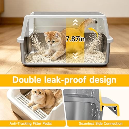 Tevila Stainless Steel Litter Box with High Sides, Small Metal Litter Box for Kittens & Senior Cats, Open Top Low Entry Non-Stick Easy Clean with Scoop, Gray