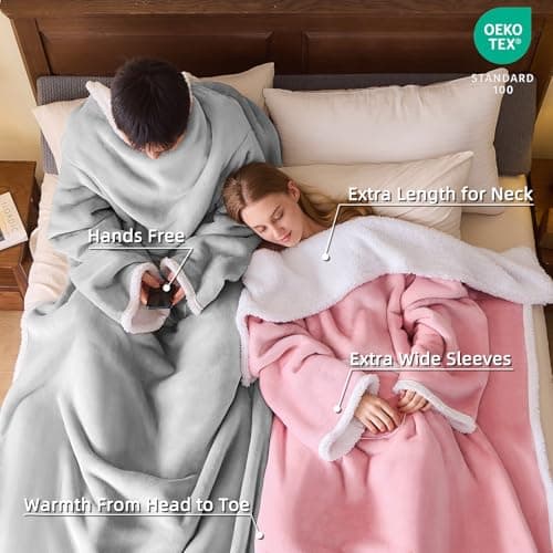 IFNOW Sherpa Wearable Blanket with Sleeves for Women Men Adults, Christmas Birthday Gifts for Women Mom Wife, Cozy Wearable Blanket with Arm and Pocket, Warm Full Body TV Wrap Throw Blanket, Grey
