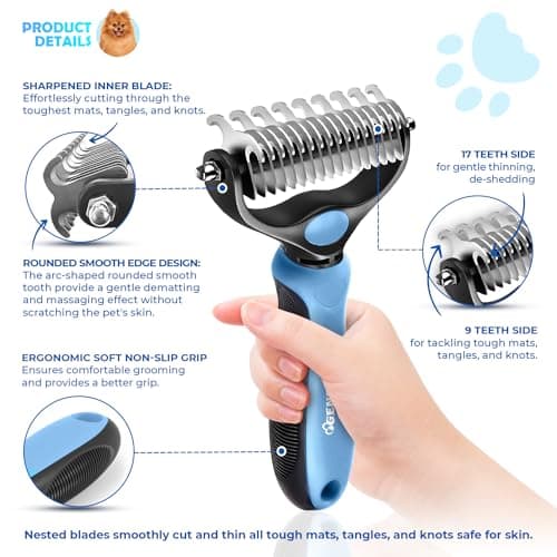 Undercoat Rake for Dogs & Cats, Dematting Comb with Extra Wide Double-Sided Stainless Steel Teeth for Detangling, Deshedding, Brushing, Thinning & Removing Shed Fur, Knots, Mats, and Tangles in Pets