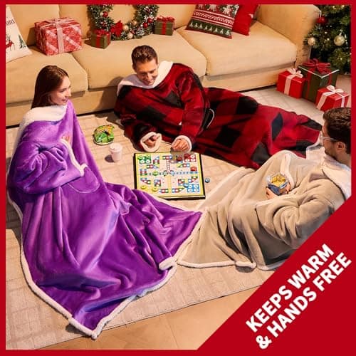 IFNOW Sherpa Wearable Blanket with Sleeves for Women Men Adults, Christmas Birthday Gifts for Women Mom Wife, Cozy Wearable Blanket with Arm and Pocket, Warm Full Body TV Wrap Throw Blanket, Grey