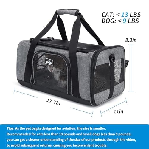 Wakytu Airline Approved Pet Carrier, TSA Approved Soft Sided Travel Bag for Small Dogs and Cats, 5 Mesh Windows & Padded Shoulder Strap for Plane Underseat, 17.7"x11"x8.3"