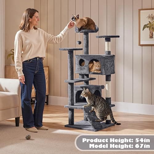 Yaheetech 54in Cat Tree, Multi-Level Cat Tower with Spacious Kitten-ear Perch, 2 Cozy Caves, Scratching Posts, Climbing Ladder, 2 Plush Balls, Durable Pet House Furniture for Indoor Kittens, Dark Gray