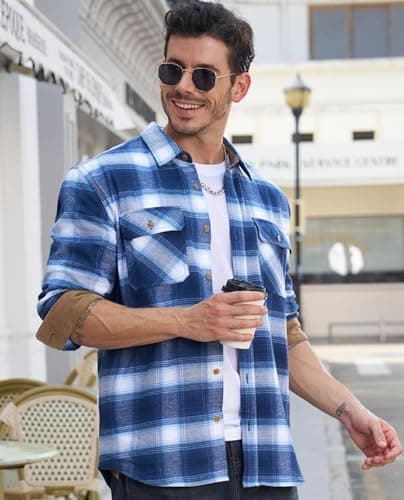 EKLENTSON Men's Flannel Plaid Shirts Cotton Button Down Shirt Casual Long Sleeve Work Fall Shirts Outwear Blue White L