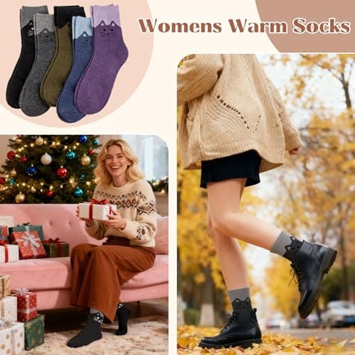 Justay 5 Pairs Womens Wool Socks - Thick, Warm, Winter, Cozy Vintage Knit Cat Crew Socks - Gifts for Women