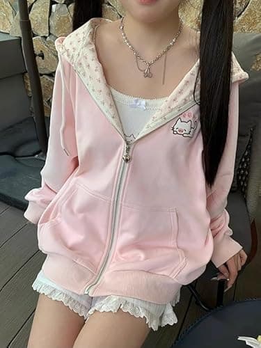 Xojbzoo Women's Y2K Zip-Up Hoodie Oversized Streetwear Cat Ear Cute Cartoon Graphic Harajuku Kawaii Sweatshirt (Pink,Medium)