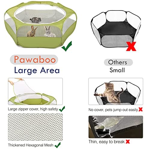 Pawaboo Small Animals Playpen, Waterproof Small Pet Cage Tent with Zippered Cover, Portable Outdoor Yard Fence with 3 Metal Rod for Chick/Kitten/Puppy/Guinea Pig/Rabbits/Hamster/Chinchillas,Green