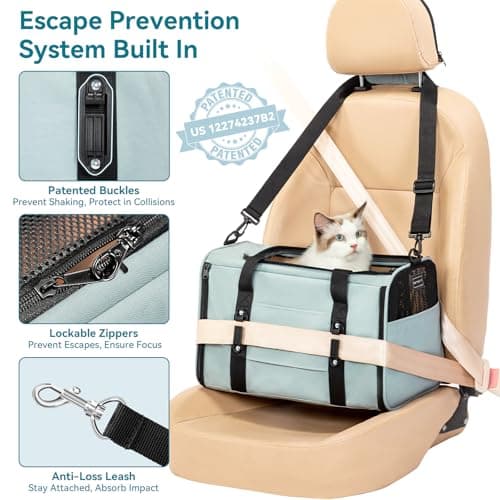 PETSFIT Soft-Sided Cat Carrier with Patented Safety Buckles, Lockable Zippers & Safety Tether,Escape-Resistant Travel Pet Carrier for Car Rides & Vet Visits, Airline Approved Under-Seat, Up to 12 lbs