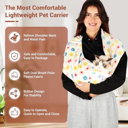 Yunpawpet Hands-Free Cat Sling Carrier, Ultra-Soft Polar Fleece Pet Sling for Small Dogs & Cats 3-14 lbs, Machine Washable for Indoor Snuggling & Outdoor Use (Large, Daisy)