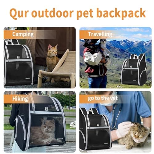 Cat Backpack Carrier for Small Dogs and Medium cat Puppy Kitten Bunny Pet Carrier Backpack Collapsible with Fully Ventilated Mesh with Safety Leash (Black, 12.9" L x 10.62" W x 15.5" H - M)