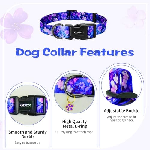 Kazazoo Dog Collar Cute and Soft Nylon Puppy Collar Girl, Adjustable Dog Collars for Small Medium Dogs, Purple Flowers-M